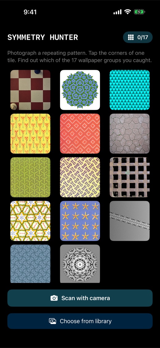 Home screen with a gallery of sample patterns