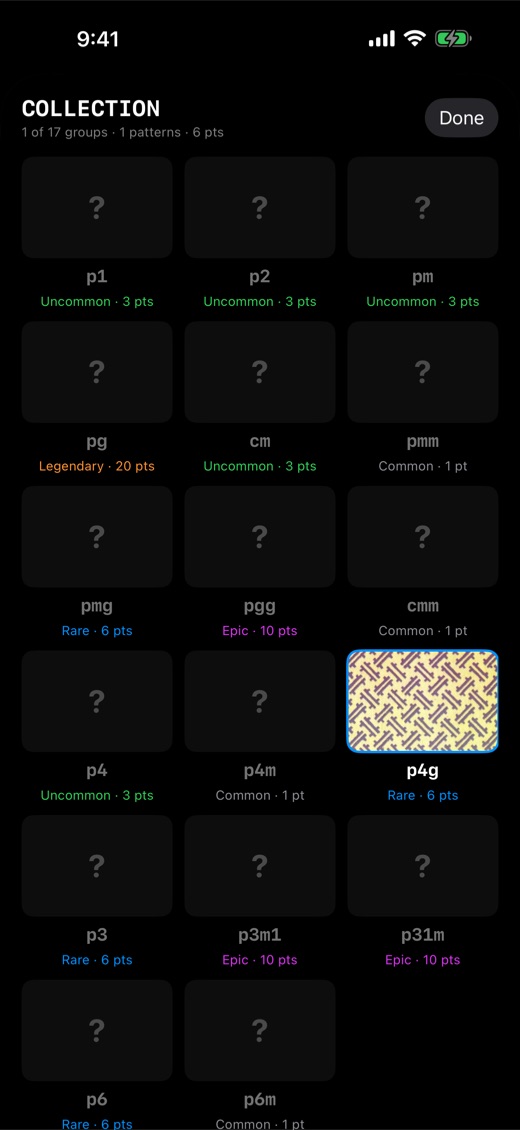 Collection screen showing captured wallpaper groups with rarity tiers