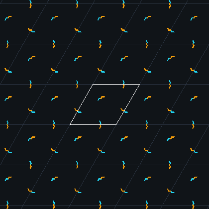 Symmetry diagram of wallpaper group p31m: an asymmetric glyph repeated by every symmetry of the group