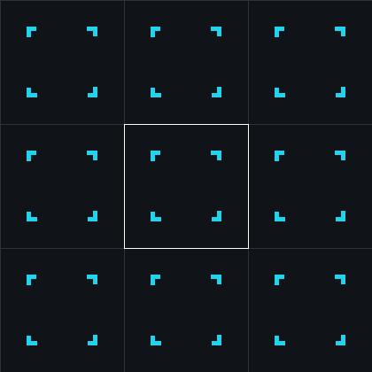 Symmetry diagram of wallpaper group p4: an asymmetric glyph repeated by every symmetry of the group