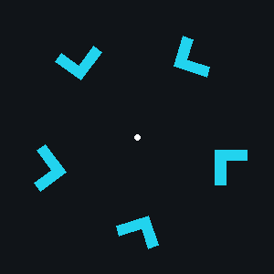 A cyclic rosette: five rotated copies of a glyph, no mirrors